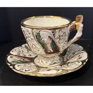 Italy Capodimonte Porcelain Hand painted‎ Cherubs Adam Eve Tea Cup Saucer